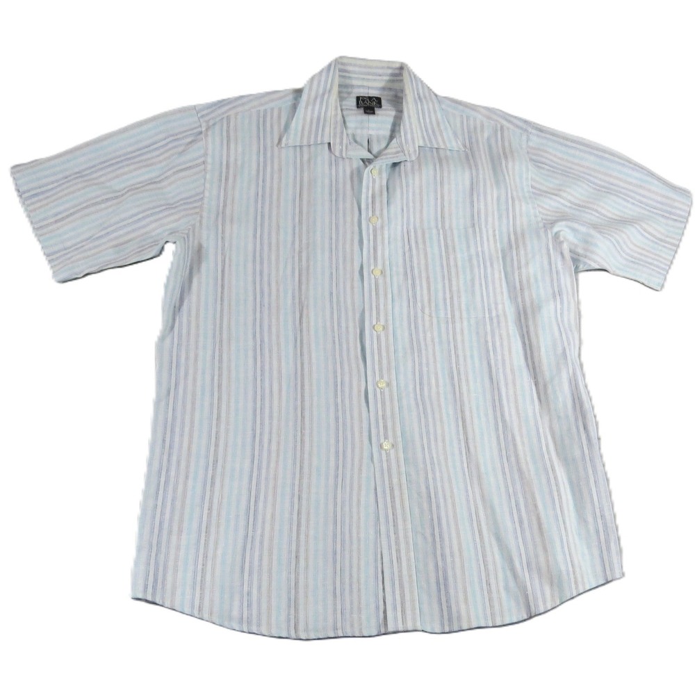 Jos A Bank Traveler Shirt Men L Blue Tan Stripe Linen Short Sleeve Button Up